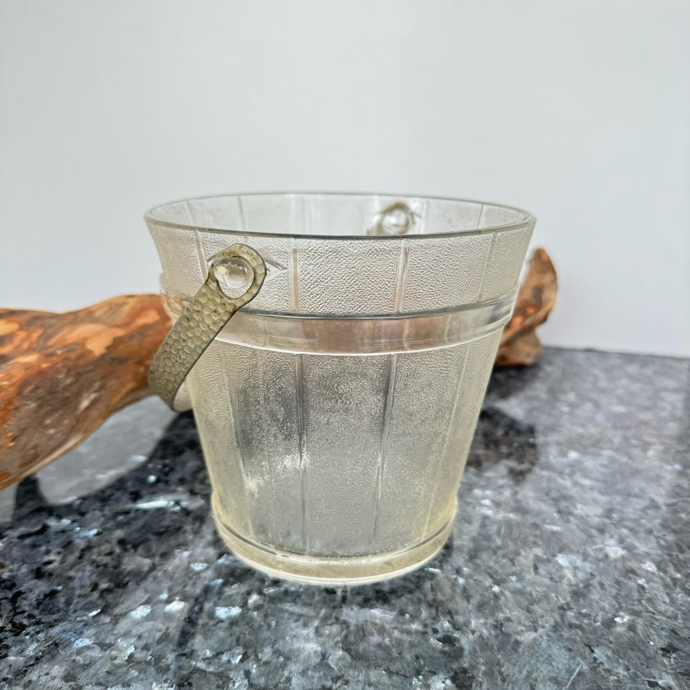 VTG Frosted Glass Wooden Pail Design Ice Bucket With Hammered Metal Swing Handle